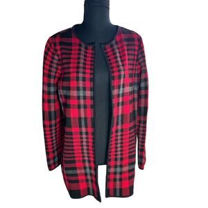 Talbots Black and Red Plaid Sweater Jacket Size M Long Line Open Front Holiday